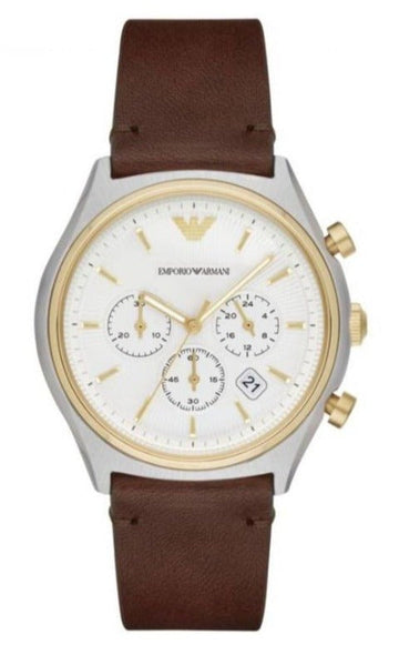 Emporio Armani Chronograph White Dial Brown Leather Strap Watch For Men - AR11033