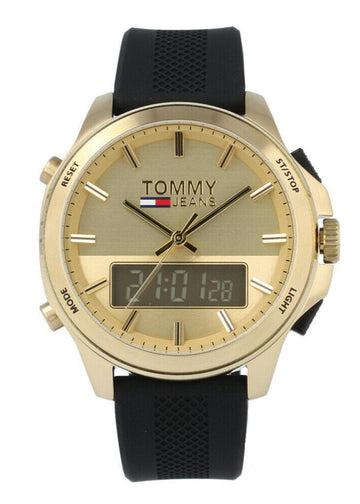 Tommy Hilfiger Jeans Digital Analog Gold Dial Black Rubber Strap Watch For Women - 1791762