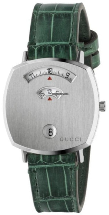 Gucci Grip Quartz Silver Dial Green Leather Strap Watch For Women - YA157404