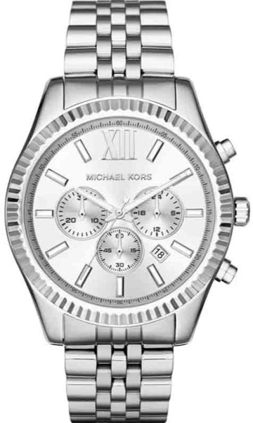 Michael Kors Lexington Chronograph Silver Dial Silver Steel Strap Watch for Men - MK8405