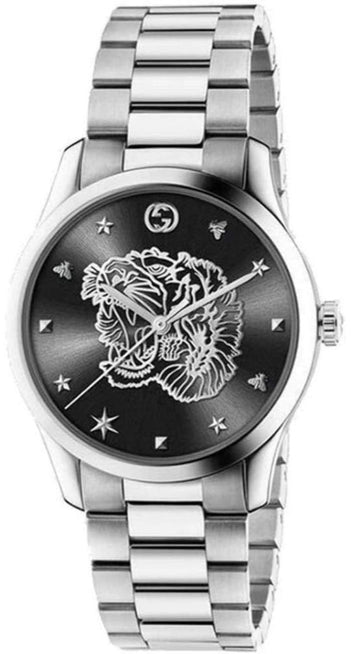 Gucci G Timeless Tiger Motif Black Dial Silver Steel Strap Watch For Women - YA1264125