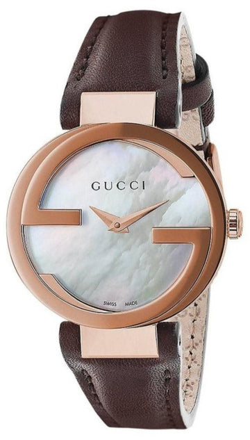 Gucci Interlocking Mother of Pearl Dial Brown Leather Strap Watch For Women - YA133516