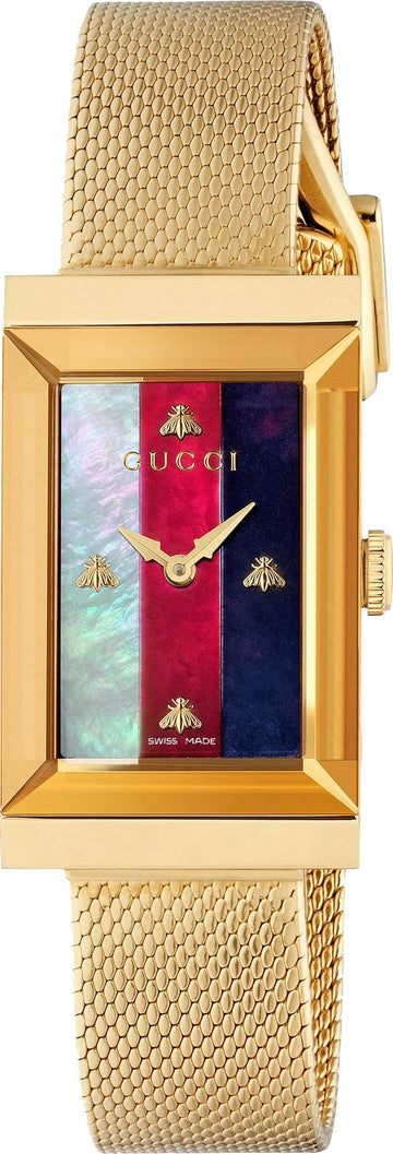 Gucci G-Frame Yellow Gold Stainless Steel Mesh Mother of Pearl Dial Watch For Women - YA147410
