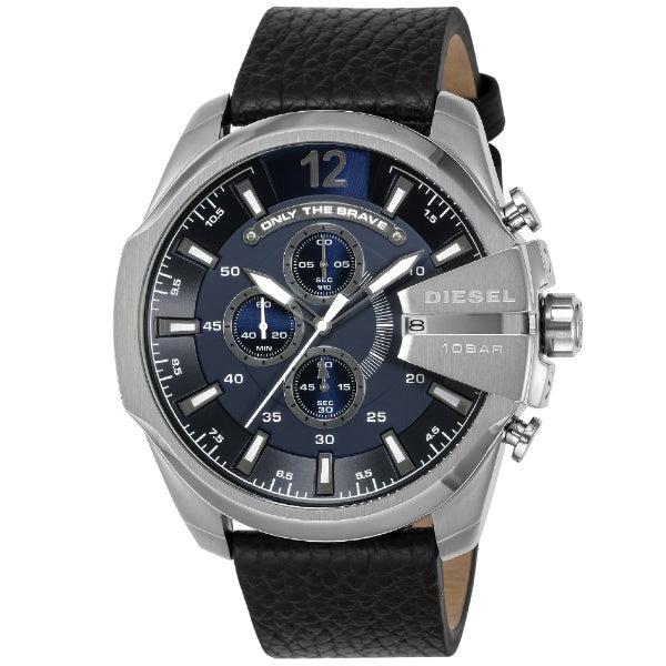 Diesel Mega Chief Chronograph Blue Dial Black Leather Strap Watch For Men - DZ4423