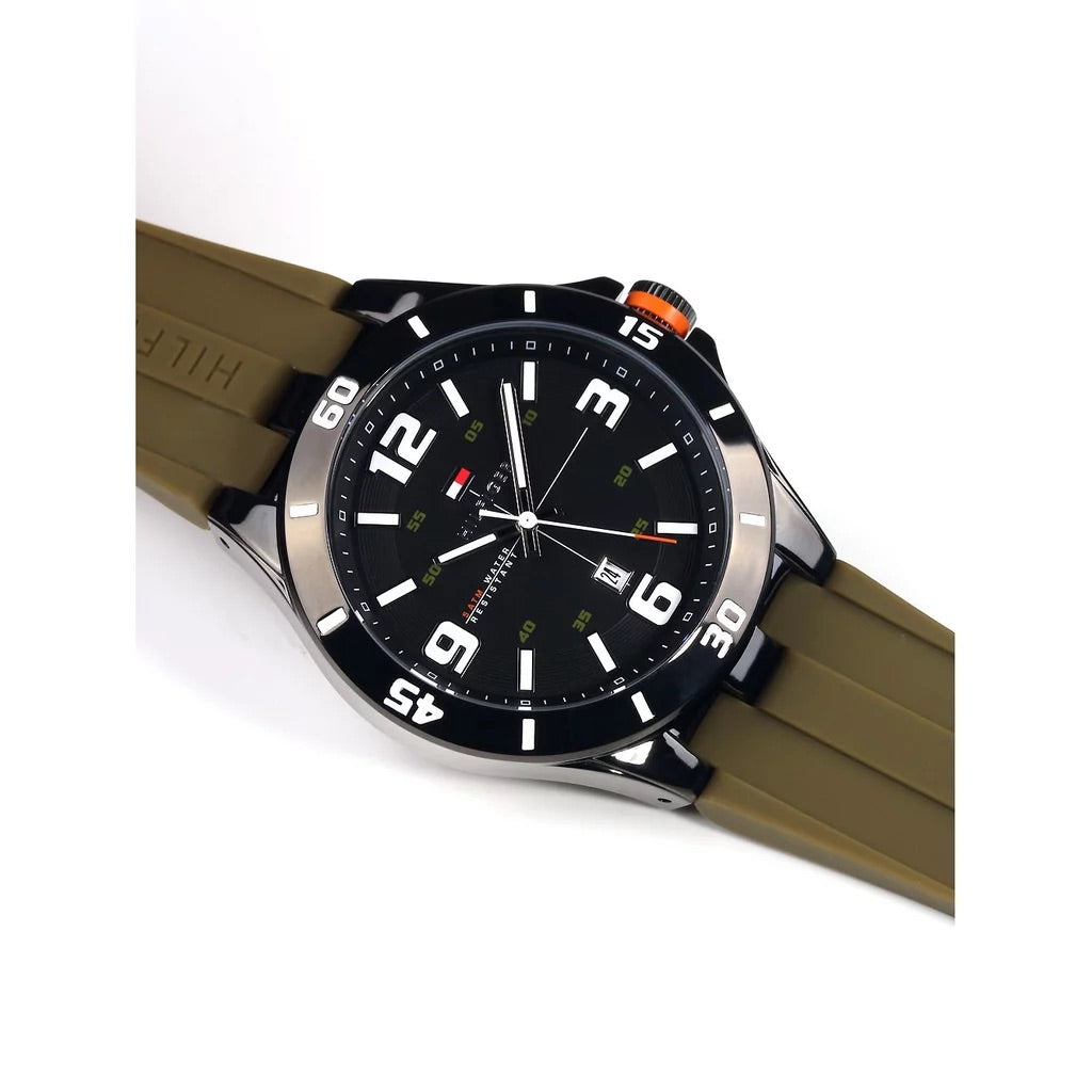 Tommy Hilfiger Drew Black Dial Green Rubber Strap Watch for Men - 1791065