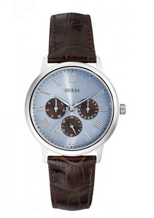 Guess Wafer Analog Blue Dial Brown Leather Strap Watch For Men - W0496G2