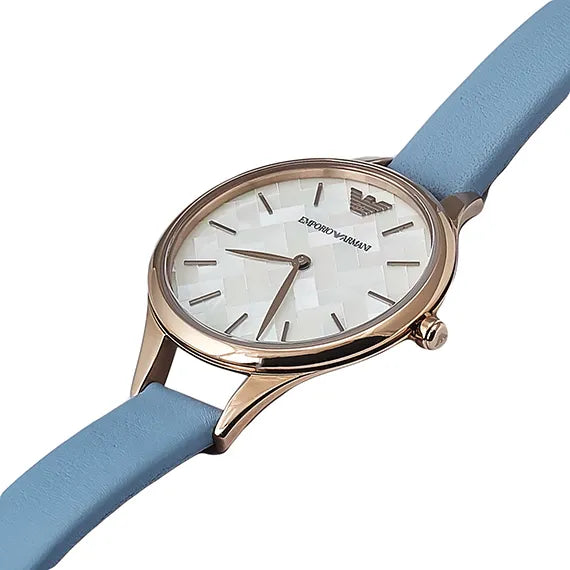 Emporio Armani Aurora Quartz Mother of Pearl White Dial Blue Leather Strap Watch For Women - AR11109