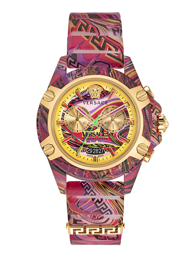 Versace Icon Active Chronograph Quartz Gold Dial Red Leather Strap Watch For Men - VEZ701222