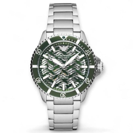 Emporio Armani Diver Automatic Green Dial Silver Steel Strap Watch For Men - AR60061