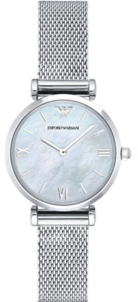 Emporio Armani Gianni T Bar Mother of Pearl Dial Silver Mesh Bracelet Watch For Women - AR1955