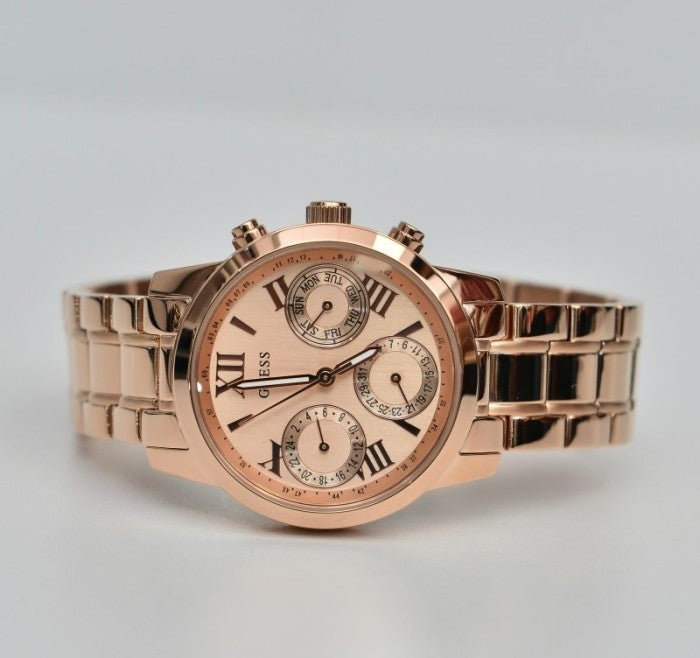 Guess Mini Sunrise Chronograph Quartz Rose Gold Dial Rose Gold Steel Strap Watch For Women - W0448L3