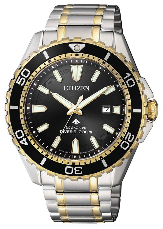 Citizen Eco Drive Promaster Diver Black Dial Two Tone Steel Strap Watch For Men - BN0194-57E