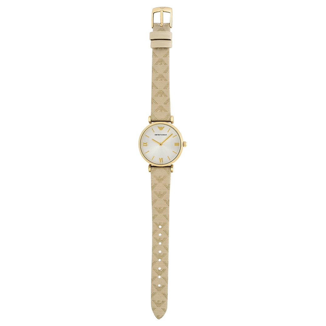 Emporio Armani Gianni T Bar Analog Silver Dial Beige Leather Strap Watch For Women - AR11127