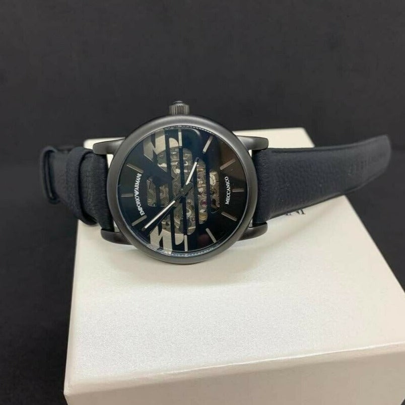 Emporio Armani Meccanico Quartz Black Dial Black Leather Strap Watch For Men - AR60032