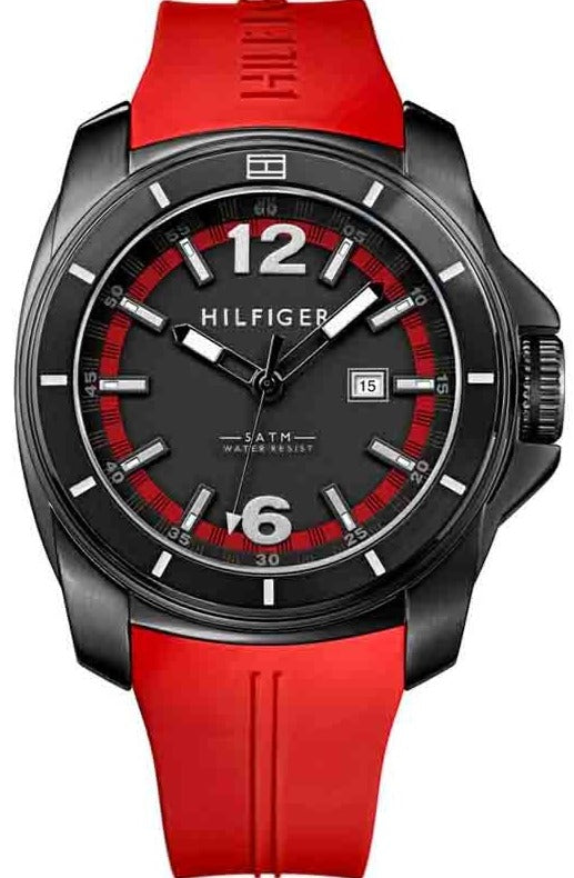 Tommy Hilfiger Windsurf Black Dial Red Rubber Strap Watch for Men - 1791112