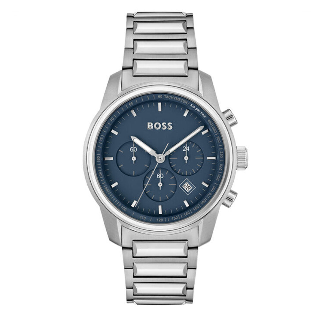 Hugo Boss Trace Chronograph Quartz Blue Dial Silver Steel Strap Watch For Men - 1514007