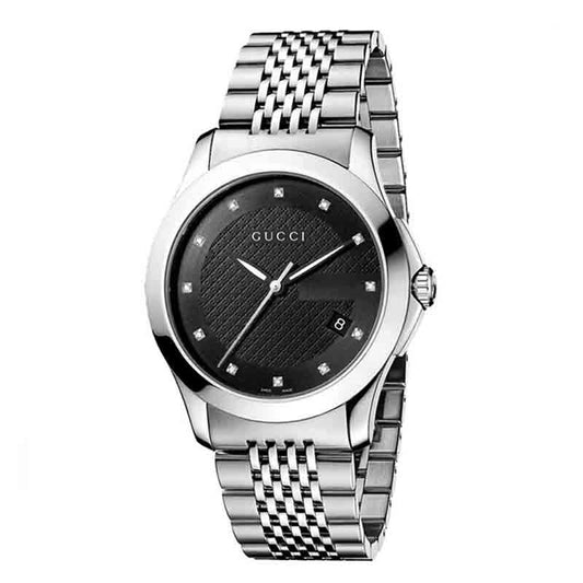 Gucci G Timeless Diamonds Black Dial Silver Steel Strap Watch For Men - YA126405