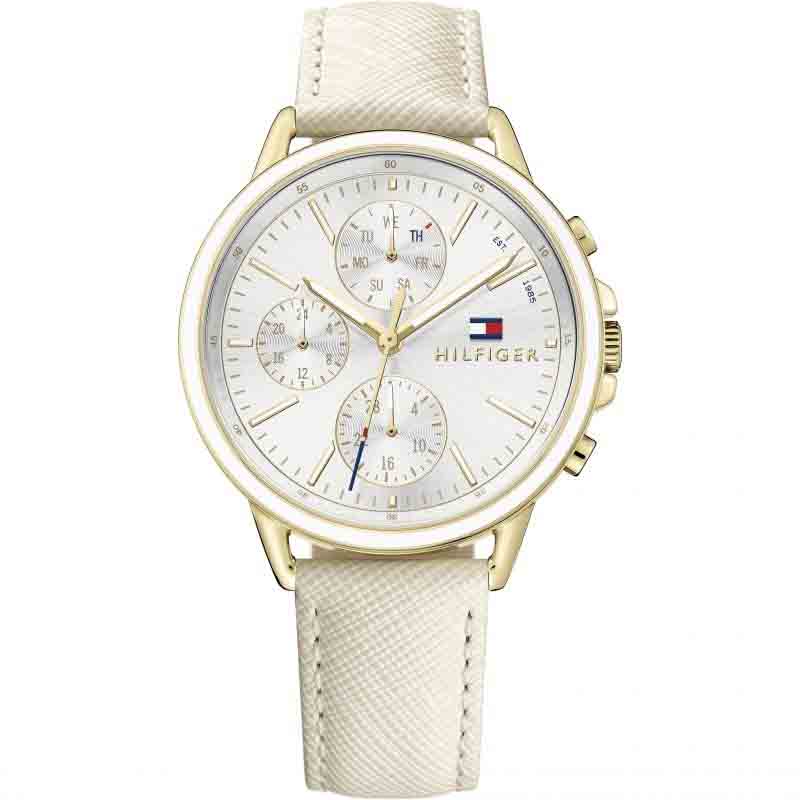 Tommy Hilfiger Carly Silver Dial Cream Leather Strap Watch for Women - 1781790