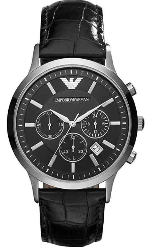 Emporio Armani Renato Chronograph Black Dial Black Leather Strap Watch For Men - AR2447