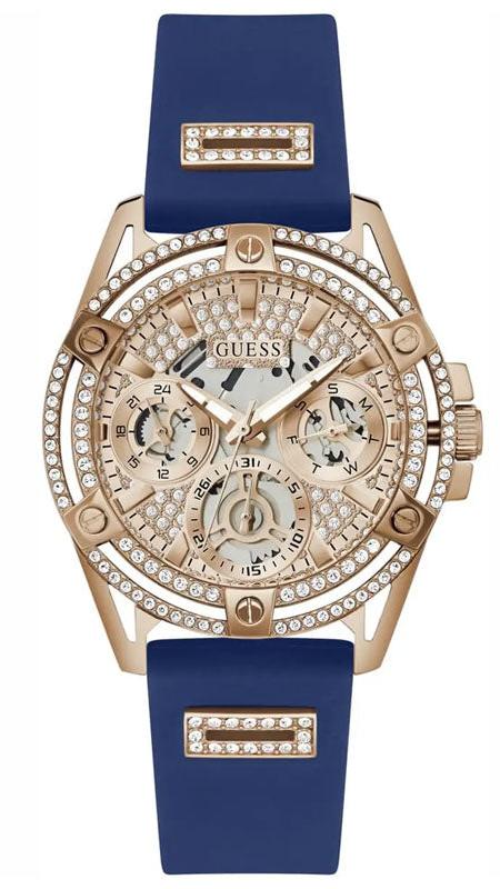 Guess Queen Quartz Crystals Rose Gold Dial Blue Silicone Strap Watch For Women - GW0536L5