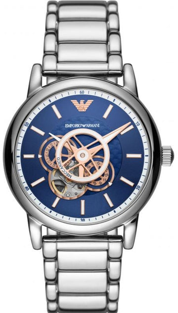 Emporio Armani Luigi Chronograph Skeleton Blue Dial Silver Steel Strap Watch For Men - AR60036