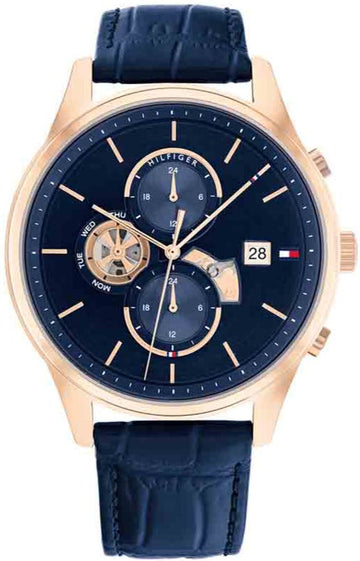 Tommy Hilfiger Weston Chronograph Quartz Blue Dial Blue Leather Strap Watch For Men - 1710503