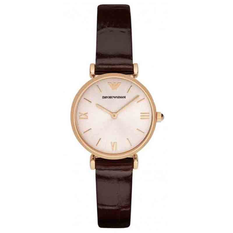 Emporio Armani Classic Quartz Pink Dial Brown Leather Strap Watch For Women - AR1911