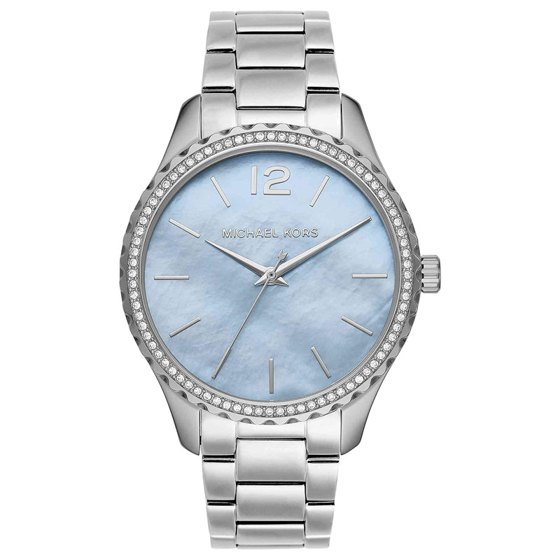 Michael Kors Layton Chronograph Mother of Pearl Blue Dial Silver Steel Strap Watch For Women - MK6847