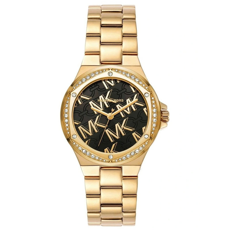 Michael Kors Lennox Quartz Black Dial Gold Steel Strap Watch For Women - MK7404