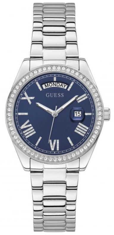 Guess Luna Diamonds Blue Dial Silver Steel Strap Watch for Women - GW0307L1