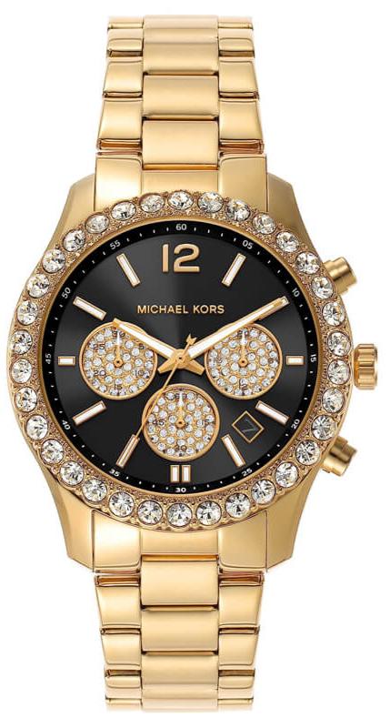 Michael Kors Berkley Chronograph Black Dial Gold Steel Strap Watch For Women - MK7414