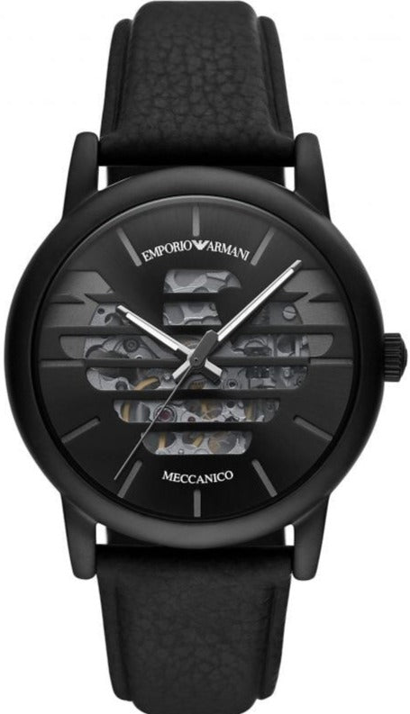 Emporio Armani Meccanico Quartz Black Dial Black Leather Strap Watch For Men - AR60032