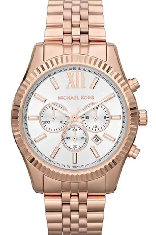 Michael Kors Lexington Chronograph White Dial Rose Gold Steel Strap Watch For Women - MK8313