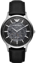 Emporio Armani Meccanico Skeleton Automatic Black Dial Black Leather Strap Watch for Men - AR60038