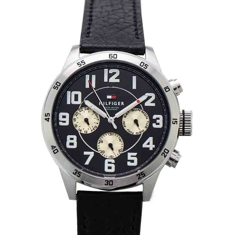 Tommy Hilfiger Sport Chronograph Black Dial Black Leather Strap Watch for Men - 1791050