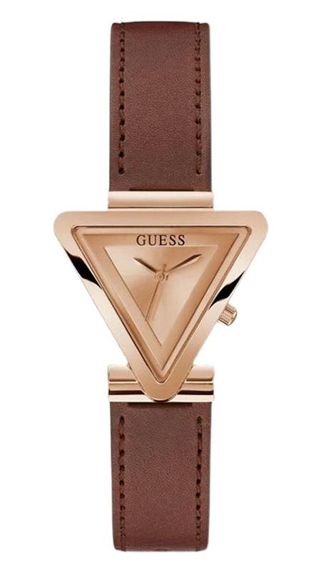 Guess Fame Quartz Rose Gold Dial Brown Leather Strap Watch For Women - GW0548L2