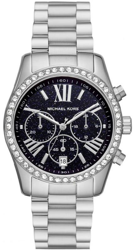 Michael Kors Lexington Chronograph Black Dial Silver Steel Strap Watch For Women - MK7277