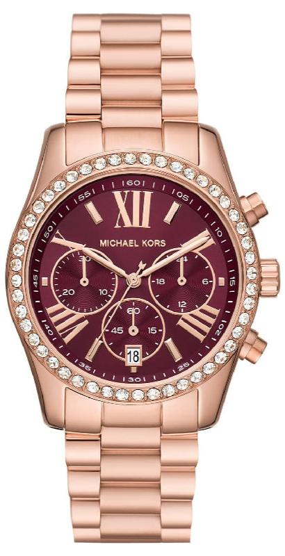 Michael Kors Lexington Chronograph Red Dial Rose Gold Steel Strap Watch For Women - MK7275