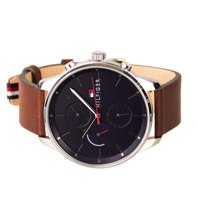 Tommy Hilfiger Chase Chronograph Grey Dial Brown Leather Strap Watch For Men - 1791487