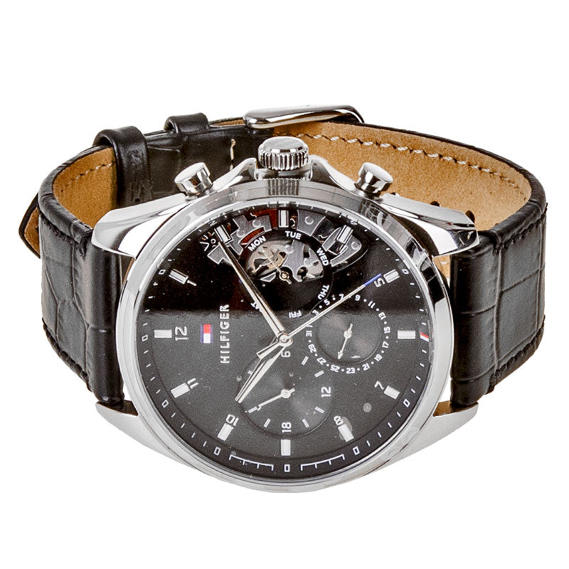 Tommy Hilfiger Baker Chronograph Black Dial Black Leather Strap Watch For Men - 1710449