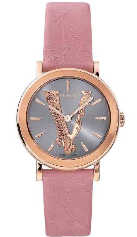 Versace Virtus Quartz Grey Dial Pink Leather Strap Watch for Women - VEHC00319