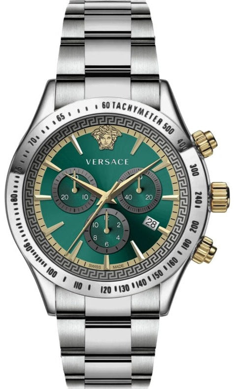 Versace Classic Chronograph Quartz Green Dial Silver Steel Strap Watch For Men - VEV700721