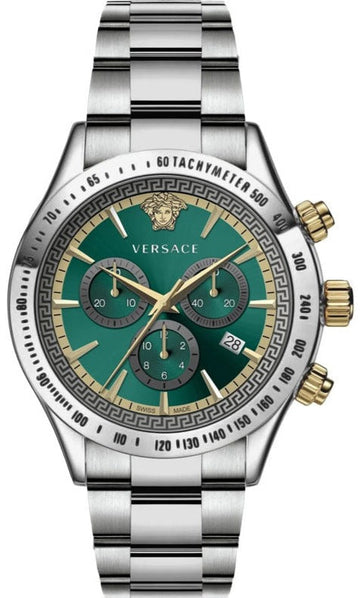 Versace Classic Chronograph Quartz Green Dial Silver Steel Strap Watch For Men - VEV700721