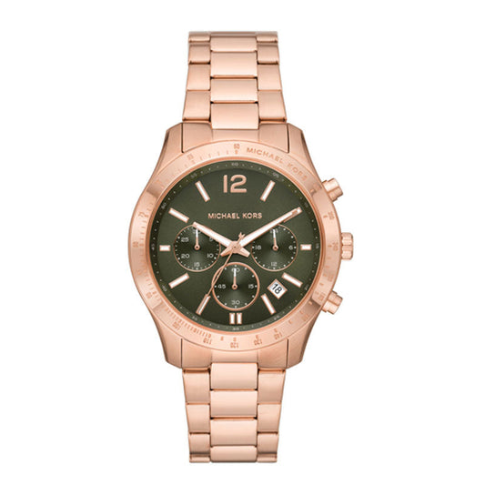 Michael Kors Berkley Chronograph Green Dial Rose Gold Steel Strap Watch For Women - MK7412