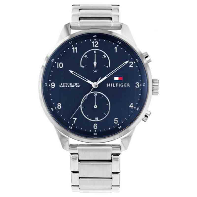 Tommy Hilfiger Chase Multifunction Blue Dial Silver Steel Strap Watch for Men - 1791575