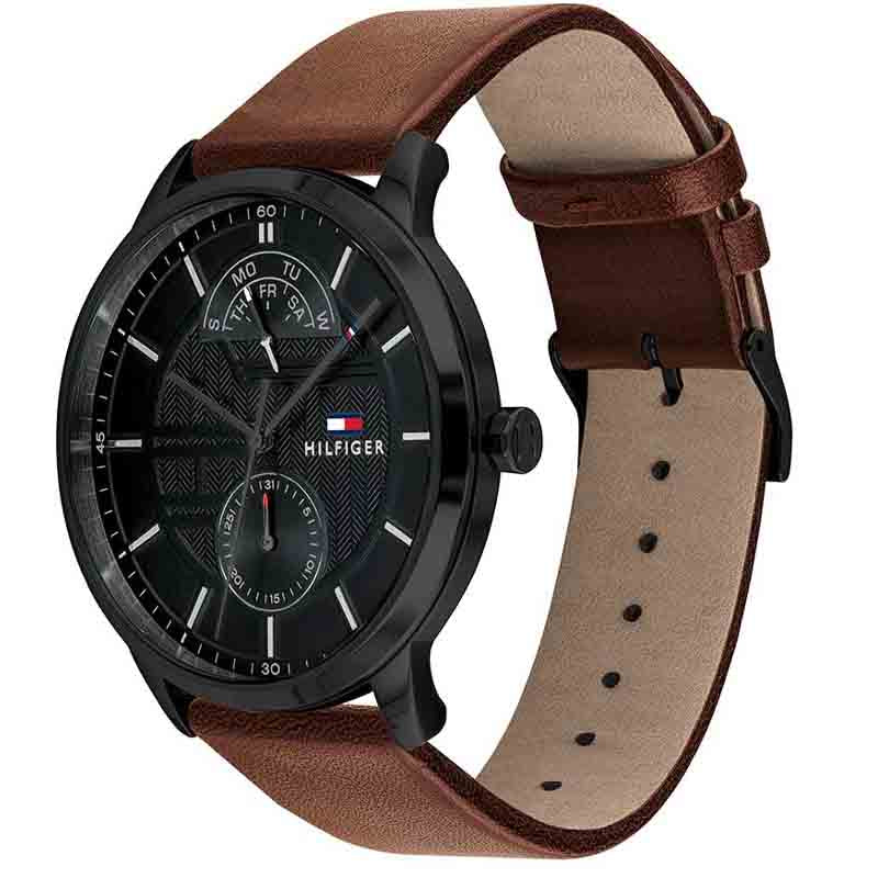 Tommy Hilfiger Hunter Black Dial Brown Leather Strap Watch for Men - 1791604