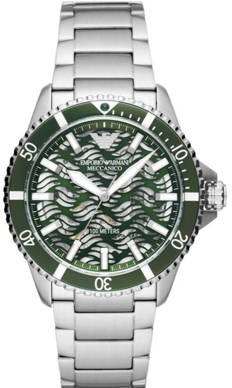 Emporio Armani Diver Automatic Green Dial Silver Steel Strap Watch For Men - AR60061