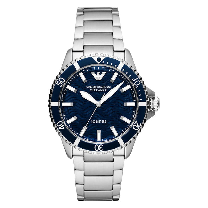 Emporio Armani Meccanico Automatic Blue Dial Silver Steel Strap Watch For Men - AR60059