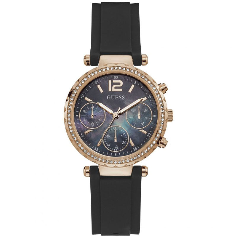 Guess Solstice Diamonds Black Mother of Pearl Dial Black Rubber Strap Watch for Women - GW0113L2