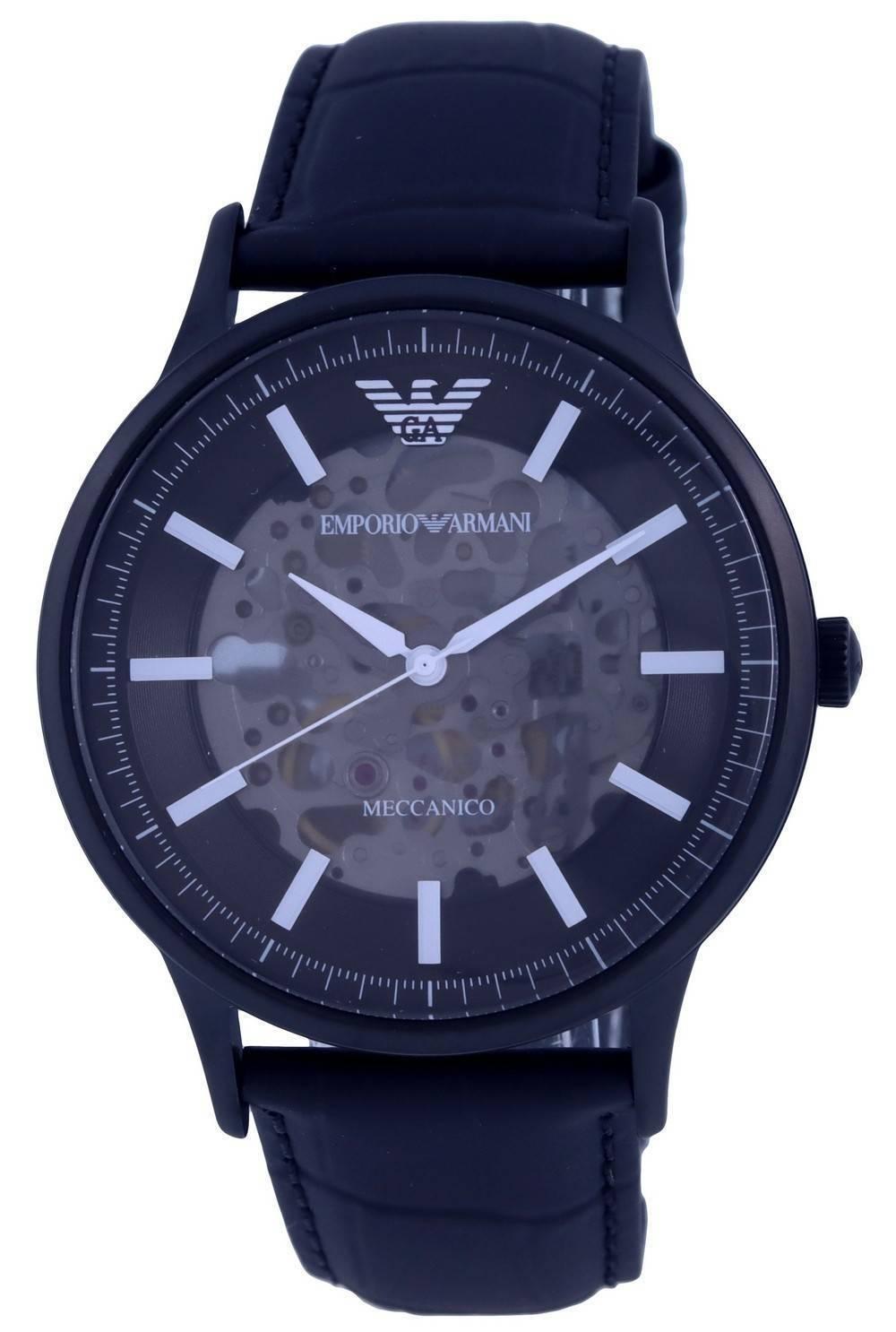 Emporio Armani Meccanico Automatic Black Dial Black Leather Strap Watch For Men - AR60042